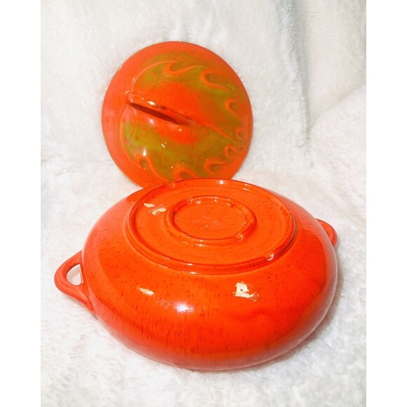 Vtg California Pottery 813 Orange Casserole Chafing Dish Maple Leaf Gold Accents - Picture 8 of 10